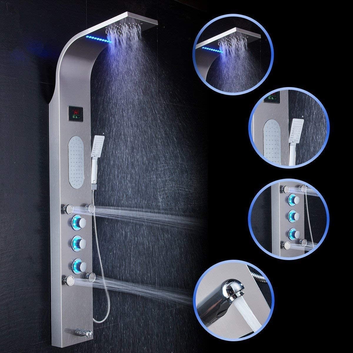 Lyon LED Shower Panel Tower System, Rainfall And Mist Head Rain Massage Stainless Steel Shower Fixtures With Adjustable Body Jets In Brushed Nickel